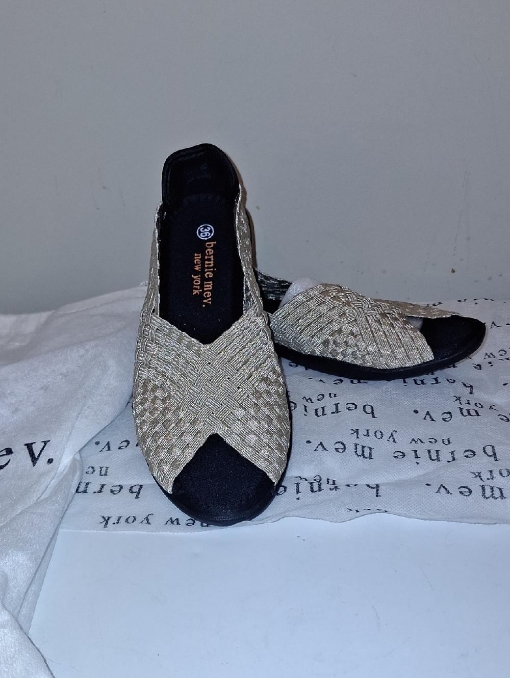 bernie mev. Metallic Gold Woven Slide Sandals